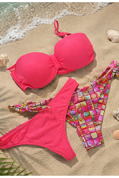 Generic Brand Costum de baie damă 3 piese corai, sutien cu cupe buretate și 2...