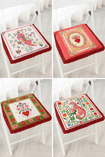 Realhomes Patchwork Vintage 4-Piece Fringed Zippered Chair Cushion Set with C...