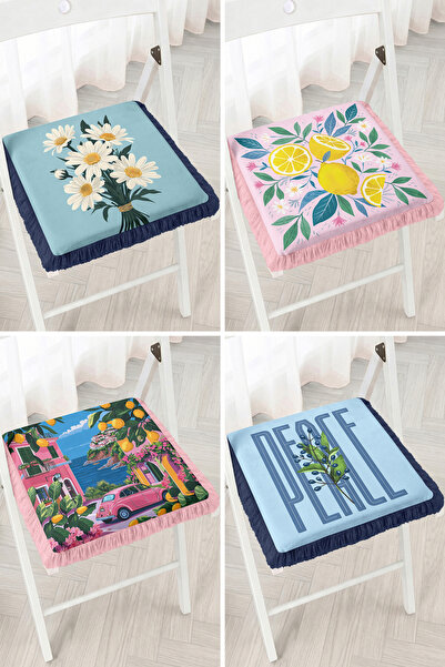 Realhomes Olive Branch and Lemon Blossom Patterned 4-Piece Fringed Zippered C...