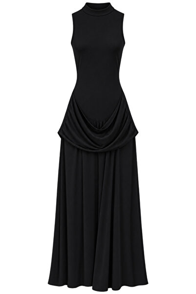 Buket Teke Black Buzzy Fabric Maxi Dress with Draped Waist Detail