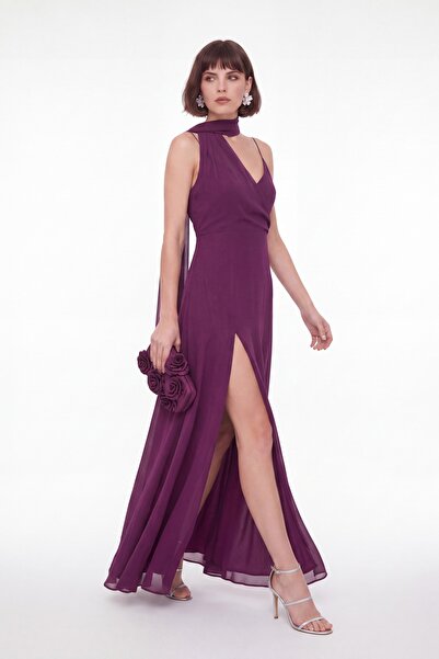 Lafaba Women's Plum Collar Detailed Slit Long Formal Dress