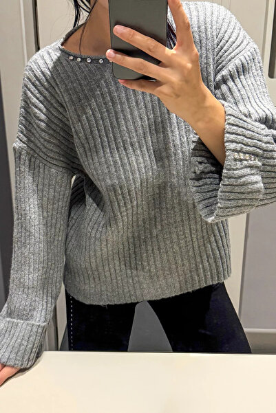 Aryena Gray Women's Stone Embroidered Self-Patterned Knitwear Sweater