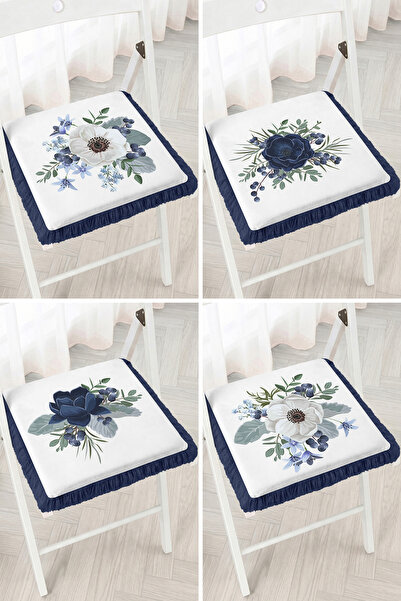 Realhomes Navy Blue and White Floral Blueberry Botanical Patterned 4-Piece Fr...
