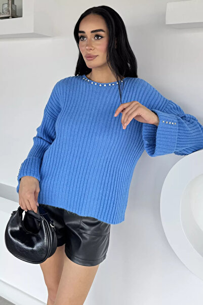 Aryena Blue Women's Stone Embellished Self-Patterned Knitwear Sweater