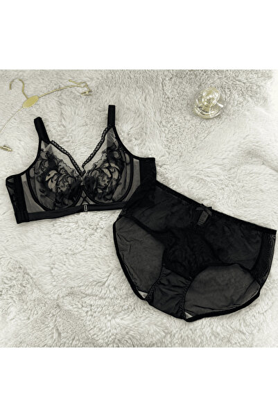 Elaram Lace Detailed Tulle Underwire Bra Panty Lingerie Set