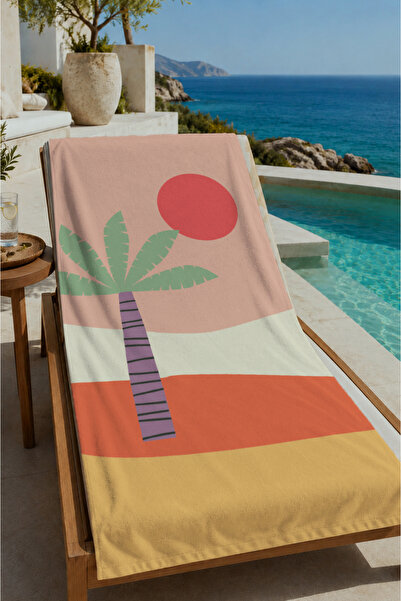 Evmila Powder Pink Palm and Red Sun Modern Patterned 70X150 Beach Towel - Dig...