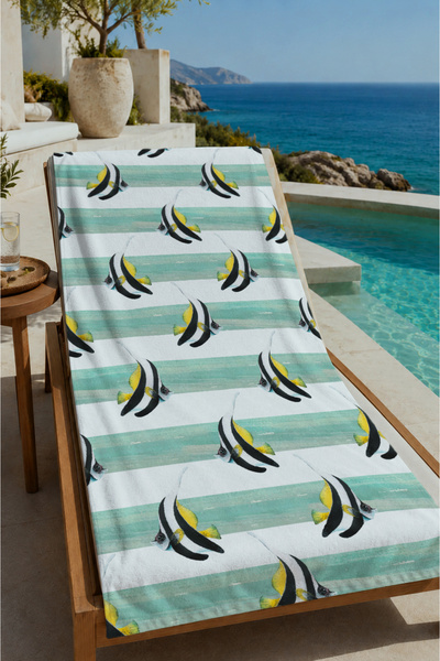 Evmila Mint beli prugasti peškir za plažu sa uzorkom banane 70x150 - pamučni ...