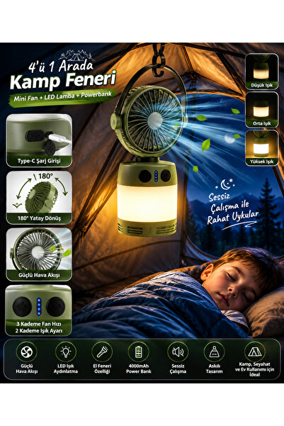 MUBX Şarjlı Mini Kamp Fanı LED Lambalı 4000 mAh Powerbank Taşınabilir Vantila...