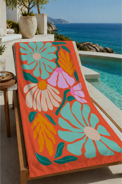 Evmila Prosop de plajă cu model floral abstract mare, de culoare portocalie, ...