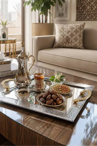 Generic صينية تقديم هندية فاخرة بمقابض ذهبية (29×45 سم) – مزيج الفضة والذهب ي...