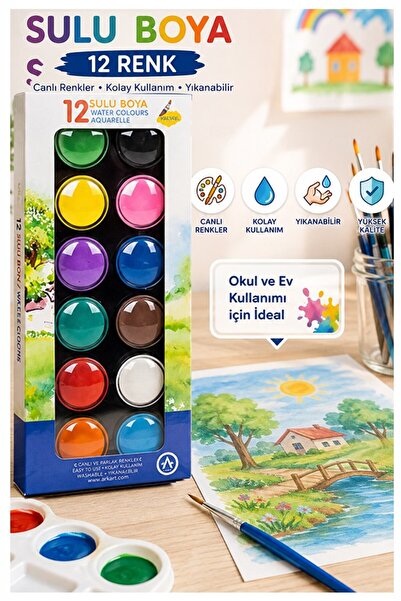 Artlantis 12 Renk Sulu Boya 28mm 1 Paket Ark 12 li Suluboya Fırça Hediyeli Ca...