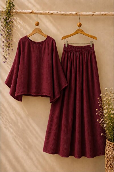 KÜÇÜĞÜM BUTİK Burgundy Casual Muslin Blouse and Flared Skirt Set (Set of 2)