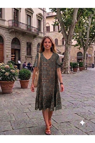 AYASOFYA OTANTIK Women's V-Neck Patterned Half Sleeve Dress with Pockets