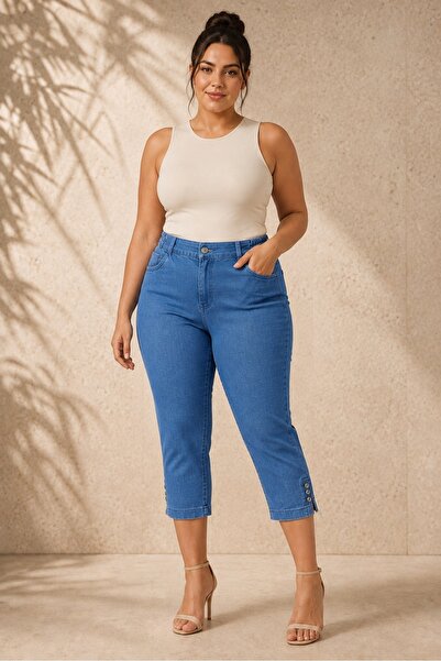 FOR ESRA BIG TREND Women's Plus Size Elastic Waist Side Pockets Button Detail...