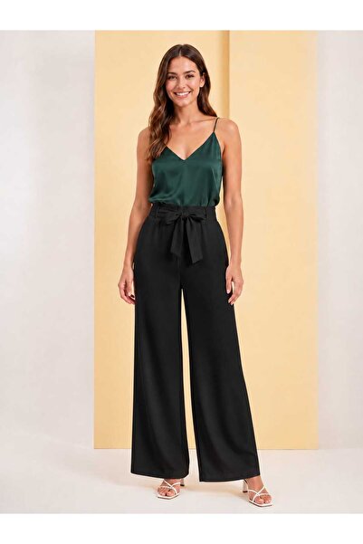 SSO Wide Leg Double Fabric Trousers with Self-Tie Detail on the Front and Ela...