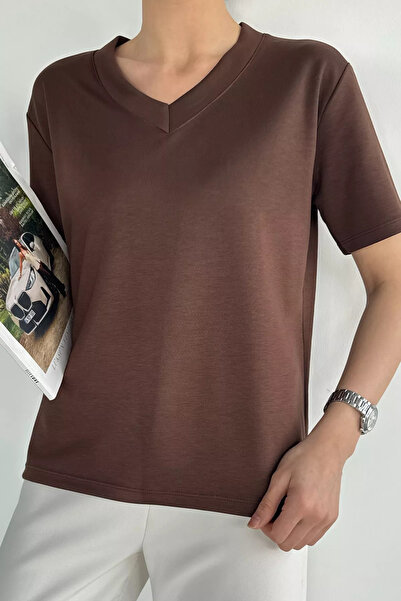 Aryena Coffee Women's V-Neck Basic T-Shirt