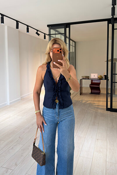 Sezgi Tekin Ruffle Detailed Buttoned Navy Blue Poplin Blouse