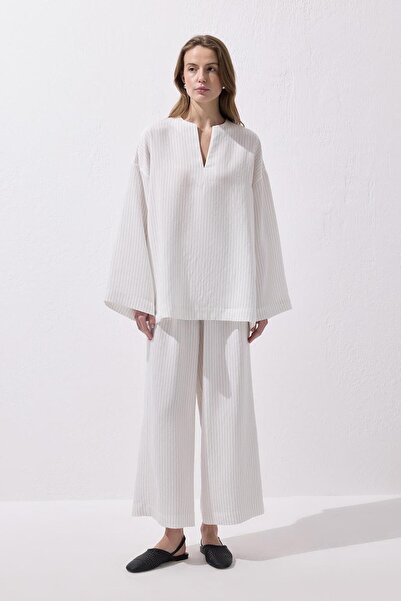 KADRİYE BAŞTÜRK Striped Modal Blouse Trousers Set White