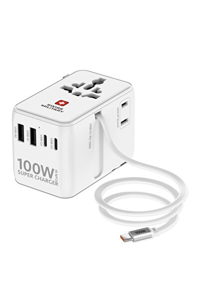 Swiss Military SM Intl Travel Adapter; 100W GAN; Inbuilt Cable; 150 Countries...