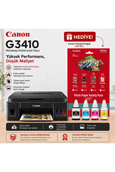 Canon Pixma G3410 Tanklı Yazıcı Tarayıcı Fotokopi + Fotoğraf Kağıdı Hediyeli!