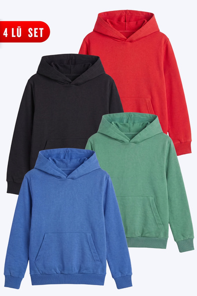 FYK KİDS Unisex Kids 4-Piece Basic Plain Kangaroo Pocket Hooded Sweatshirt