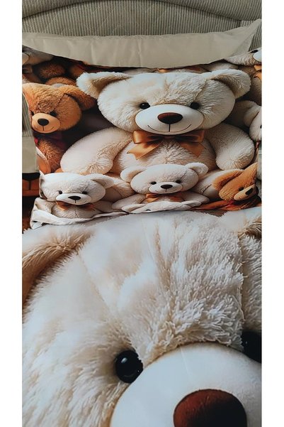 AYBERK HOME TEXTİLE طقم غطاء لحاف فردي مطبوع رقميًا 5D من القطن بنسبة 100% من CUTE BEAR (4 قطع)