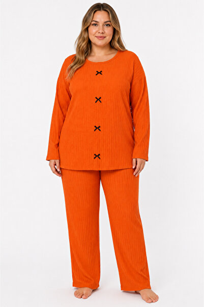 FAMES PİJAMA Plus size ribbed knit seasonal orange pajama set