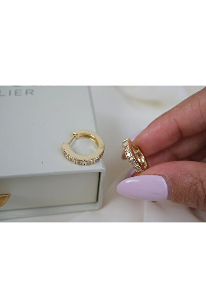 ATELİER TUĞBA Kp622 Tamtur Square Zircon Stone Gold Hoop Earrings (Inner Diam...