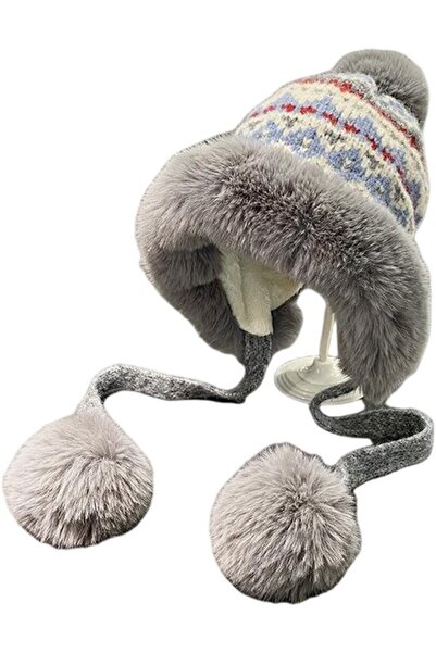 STARSTAR Women's pom-pom ski hat blue/white warm fleece.