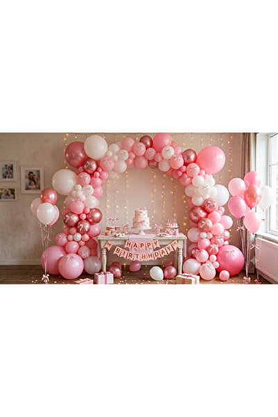 turkuaz parti Set of 50 Pink Bow Koncept Balloons, Happy Birthday Banner