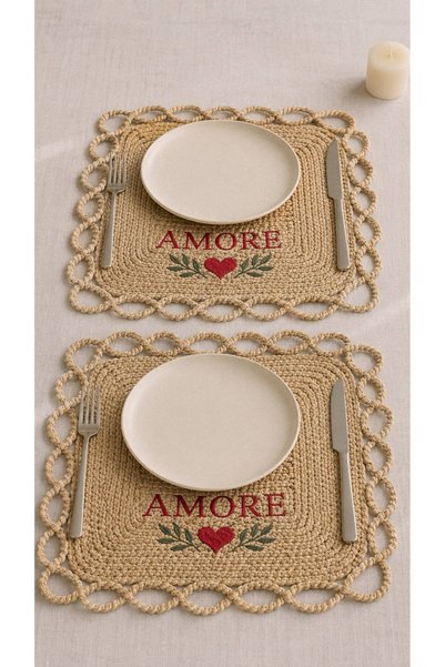 home inn Amore Embroidered Natural Wicker American Placemat Set of 2 – Valentine's Day Special