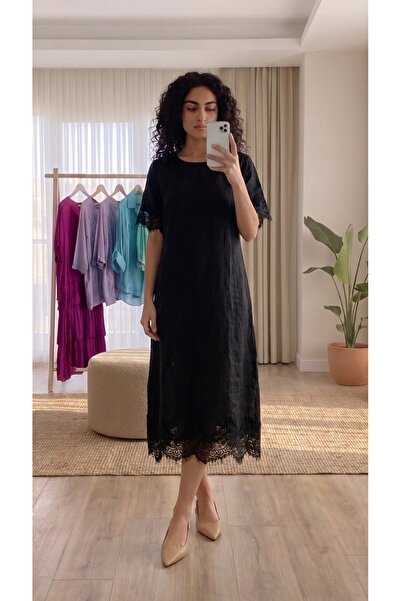 Juste Boutique Siyah Dantel Detaylı Bisiklet Yaka Keten Midi Elbise