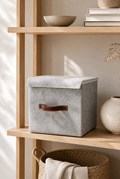 Dathcha Gray Felt Lid Cube Box 30 X 30 X 30 cm – Leather Handle, Foldable, Mu...