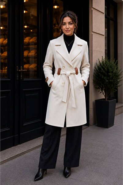 MOT Leather Detailed, Double-Breasted Buttoned, Classic Collar Long Winter Coat