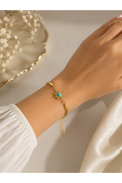 Kokoş Bracelet Gold Color Blue Bead Detail Steel