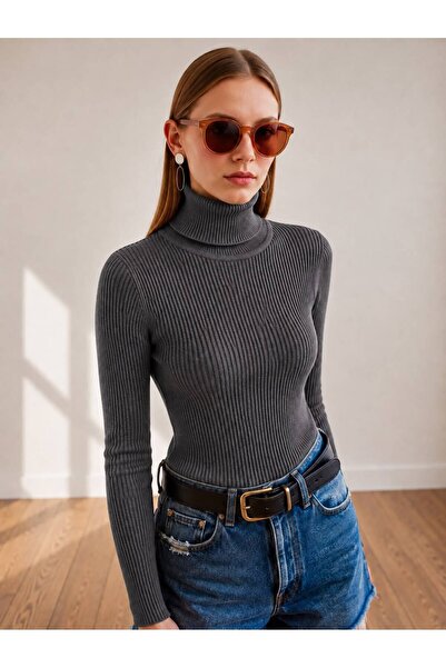 threeoff Women's Turtleneck Ribbed Knit Sweater Long Sleeve Slim Fit Fitted S...