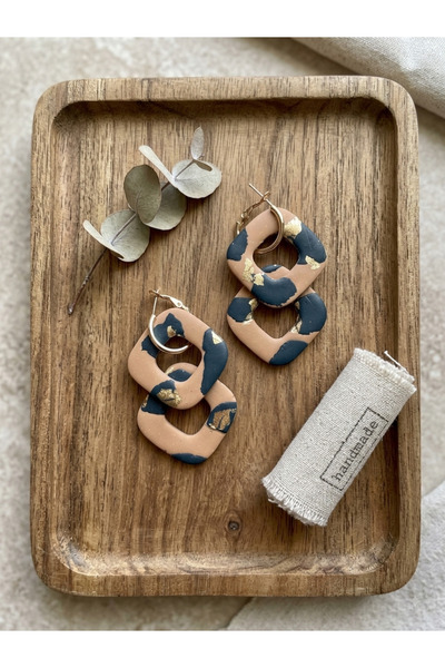 Lu Atelier Sienna Handmade Polymer Clay Earrings |   Navy Blue Beige Gold Det...