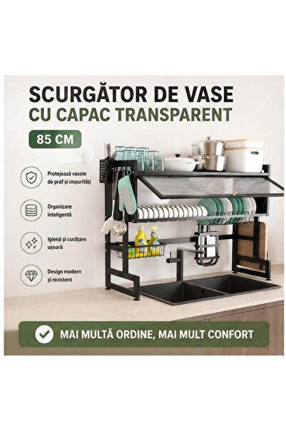 OEM Dish drainer 85 cm with transparent lid, black color
