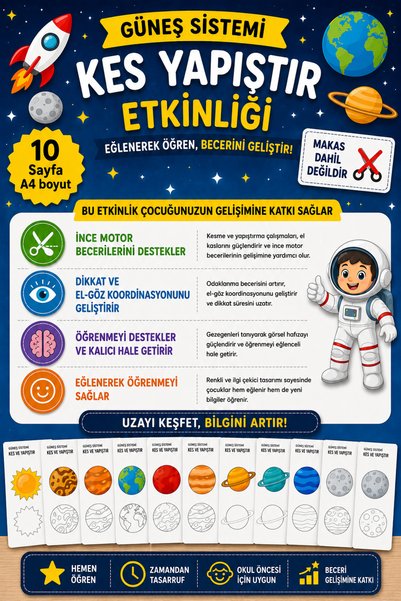 Organik Yolda Güneş Sistemi Kes Yapıştır Etkinliği | Çocuklar İçin Eğitici Uzay Etkinliği | 10 Sayfa Yatay A4