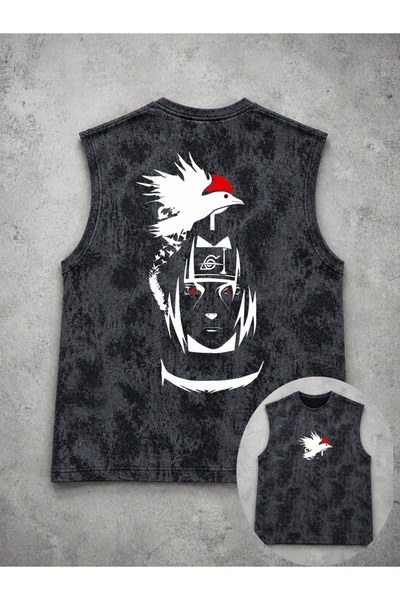 classy moda Unisex Black Washed Sleeveless Tank Top with Anime Print on the Back