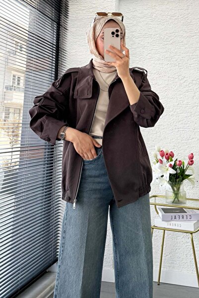 MELEK ARAZ Premium Stand Collar Bomber Buca Trench Coat - Brown