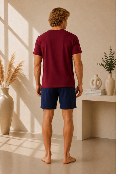 Pijamask Tricou pentru bărbați, cu mânecă scurtă, culoare burgundă, cu pantaloni scurți bleumarin, set de pijamale de vară, din bumbac, îmbrăcăminte confortabilă pentru casă