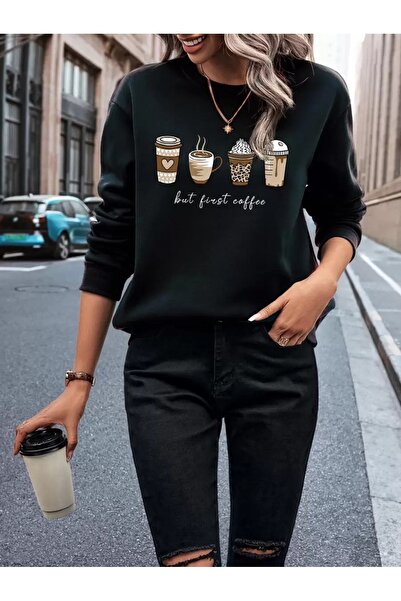 uyguntarz Unisex Butcoffee Printed Crew Neck Sweatshirt