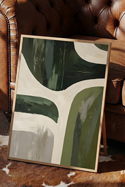 WhitePrintt Modern Soyut Yeşil Bej Geometrik Dekoratif Duvar Tablosu Ahşap Çe...