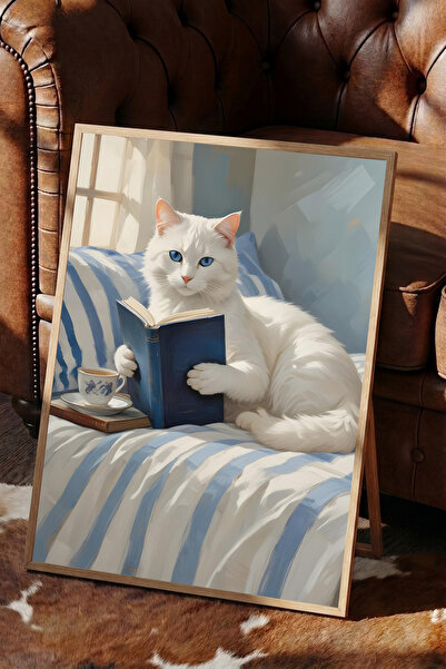 WhitePrintt Kitap Okuyan Beyaz Kedi Dekoratif Duvar Tablosu Ahşap Çerçeveli P...