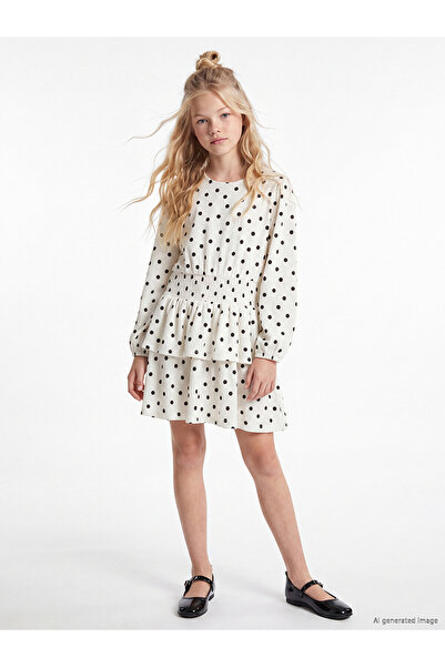 LC Waikiki Trendlucky Girls' Polka Dot Dress with Oval Neckline and Contrast