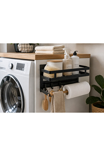 FRANDIS Raft magnetic pentru frigider cu suport prosop din bambus si 4 carlige, Frandis, 30 x 11 x 16 cm, Negru/Natur, 304031