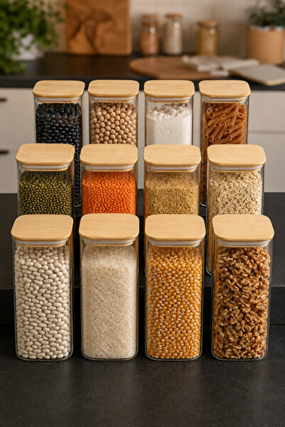 Karçiçeği Home Set of 12 2000 ml Square Borosilicate Glass Jars – Vacuum Seal...