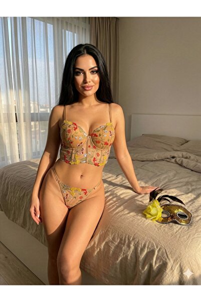 miss nergiz lingerie Kadın Ten Rengi Çiçek Nakışlı Balenli Tül Büstiyer Sütye...