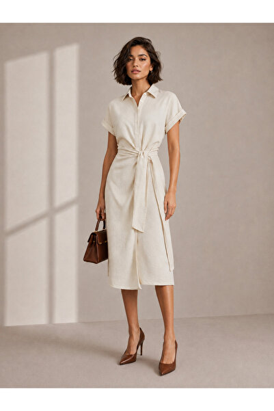 Styli Cream Sloid Tie-Up Detail Short Cap Sleeves Shirt Midi Dress